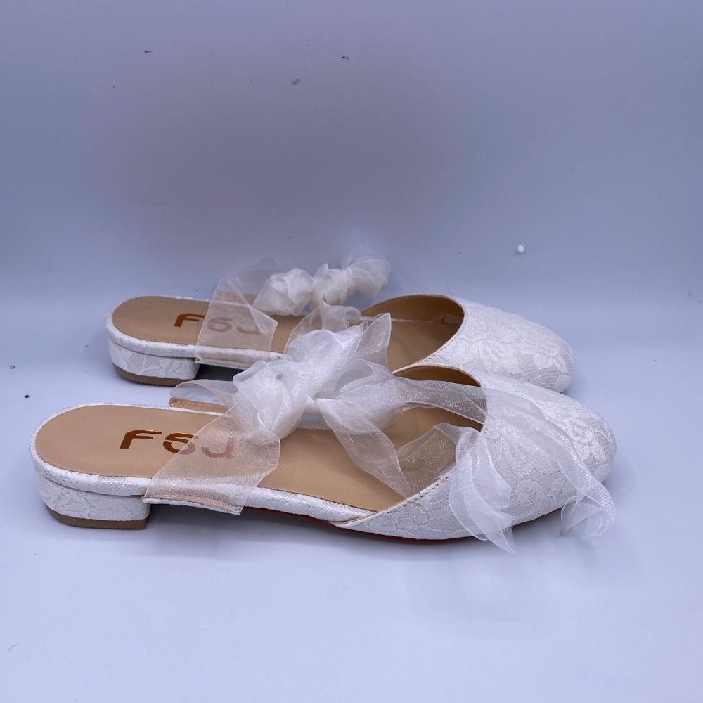 FSJ White Round Toe Low Heels Flat Lace Up Wedding - Picture 3 of 8